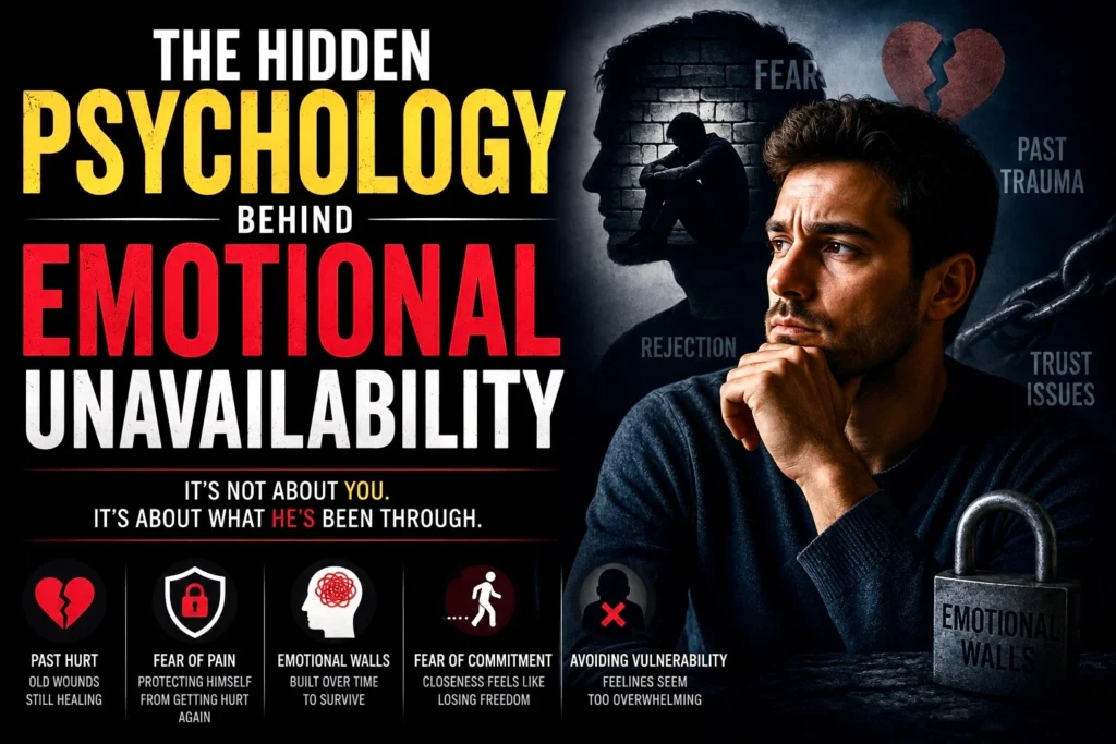 Thoughtful man symbolizing fear, emotional walls, and past trauma behind emotional unavailability.