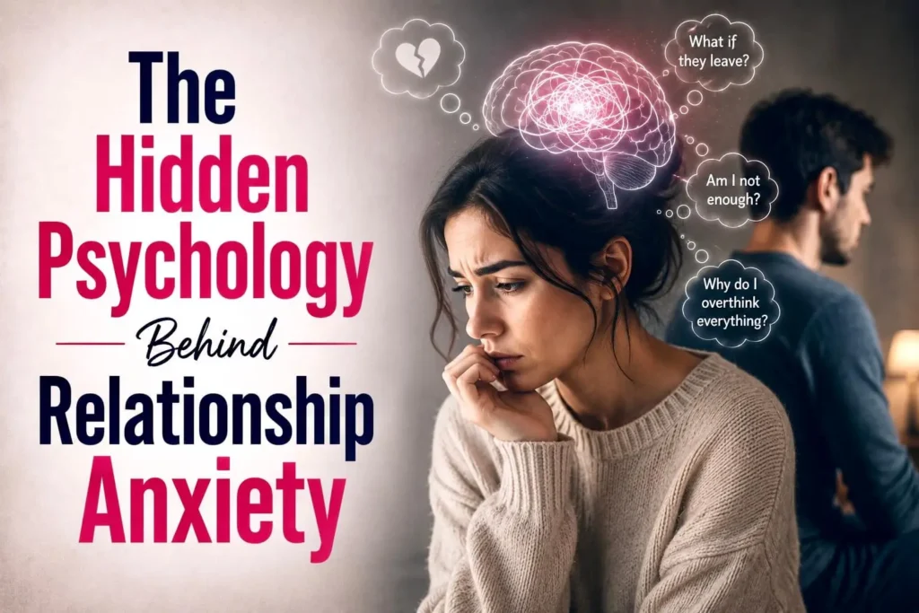 Hidden psychology behind relationship anxiety showing anxious thoughts, emotional distance, and overthinking.