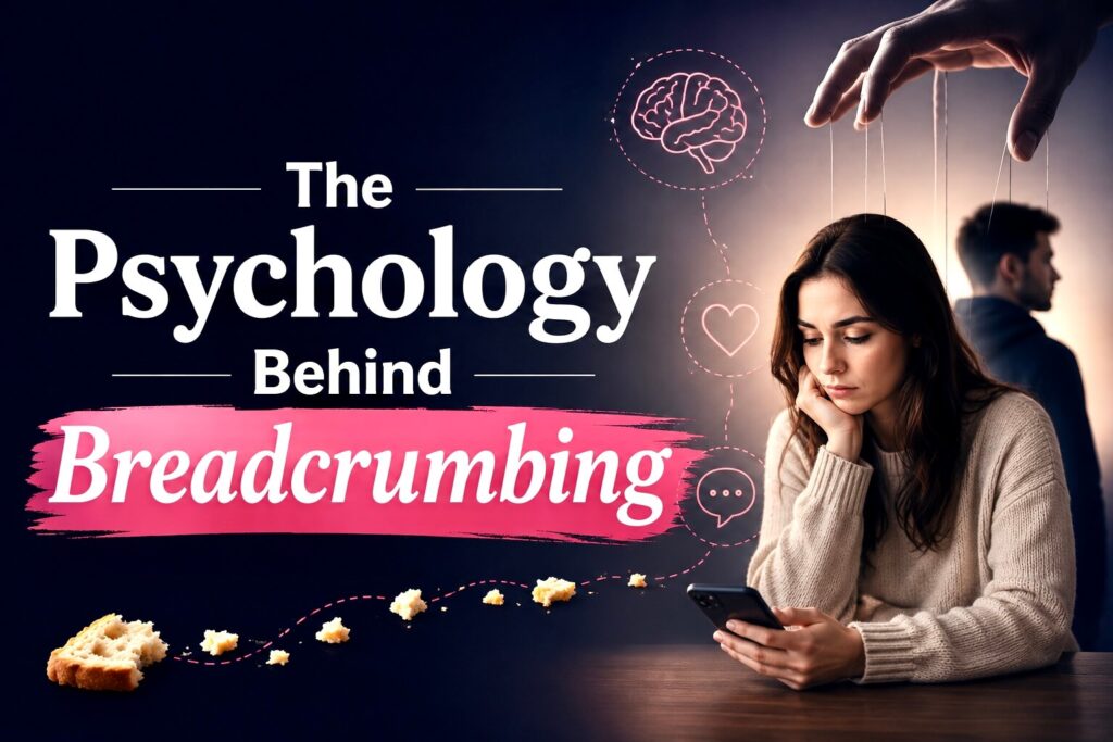 Emotional woman checking her phone with psychology symbols illustrating the psychological reasons behind breadcrumbing in dating.