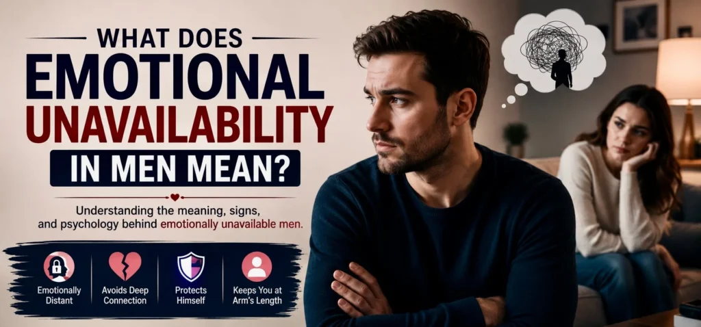 Thoughtful man avoiding emotional connection while woman looks concerned, illustrating what emotional unavailability in men means.