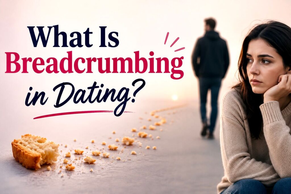 Woman feeling confused as a man walks away with breadcrumb trail, explaining what breadcrumbing in dating means.
