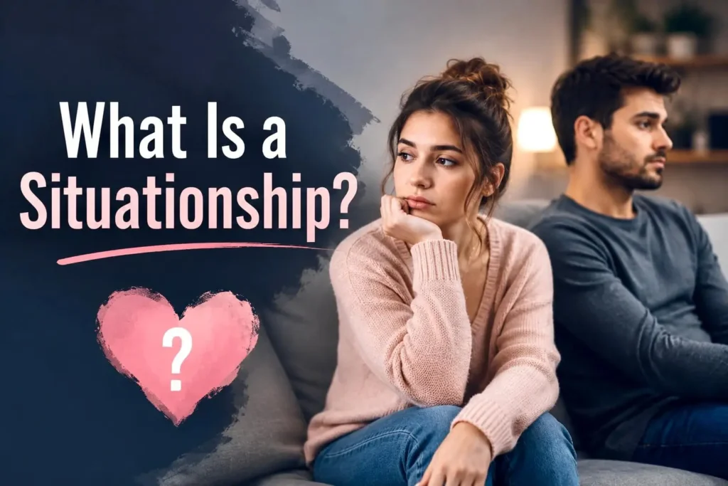 Confused couple sitting together but emotionally distant, representing what a situationship looks like in modern dating.