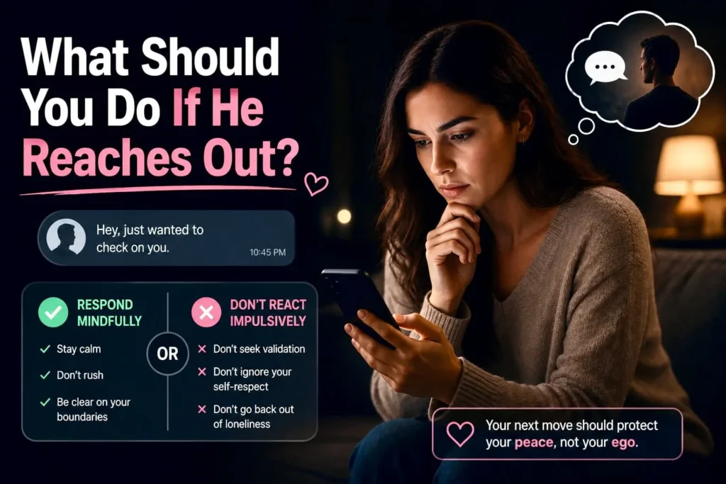Woman reading a message from an ex and considering her response, showing how to handle contact after no contact.