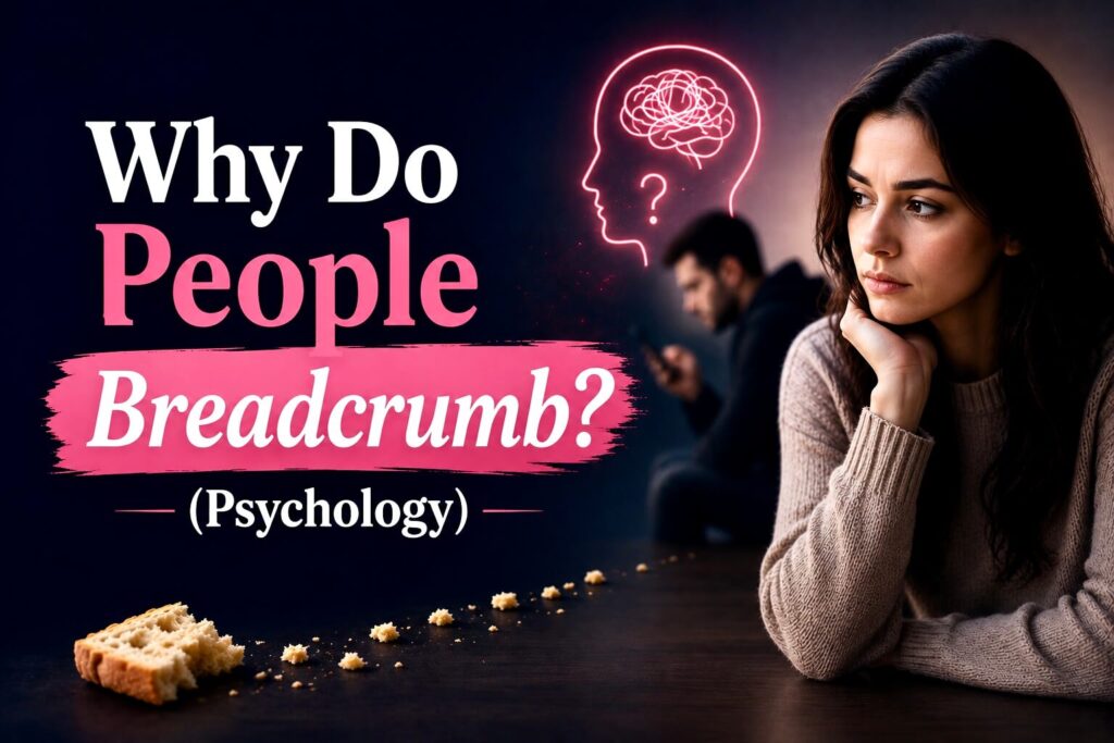 Thoughtful woman with psychology illustration explaining why people breadcrumb in dating relationships.