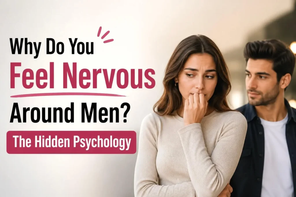 Nervous woman looking anxious near a man, illustrating the hidden psychology behind feeling uncomfortable around men.
