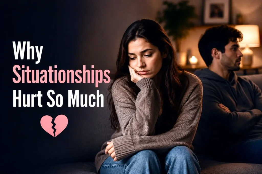 Sad woman sitting alone with feelings of heartbreak and uncertainty caused by a situationship.