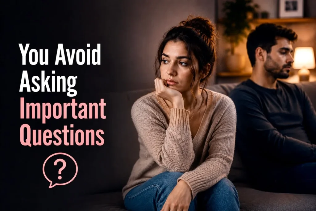 Thoughtful woman avoiding difficult relationship conversations in an undefined romantic connection.
