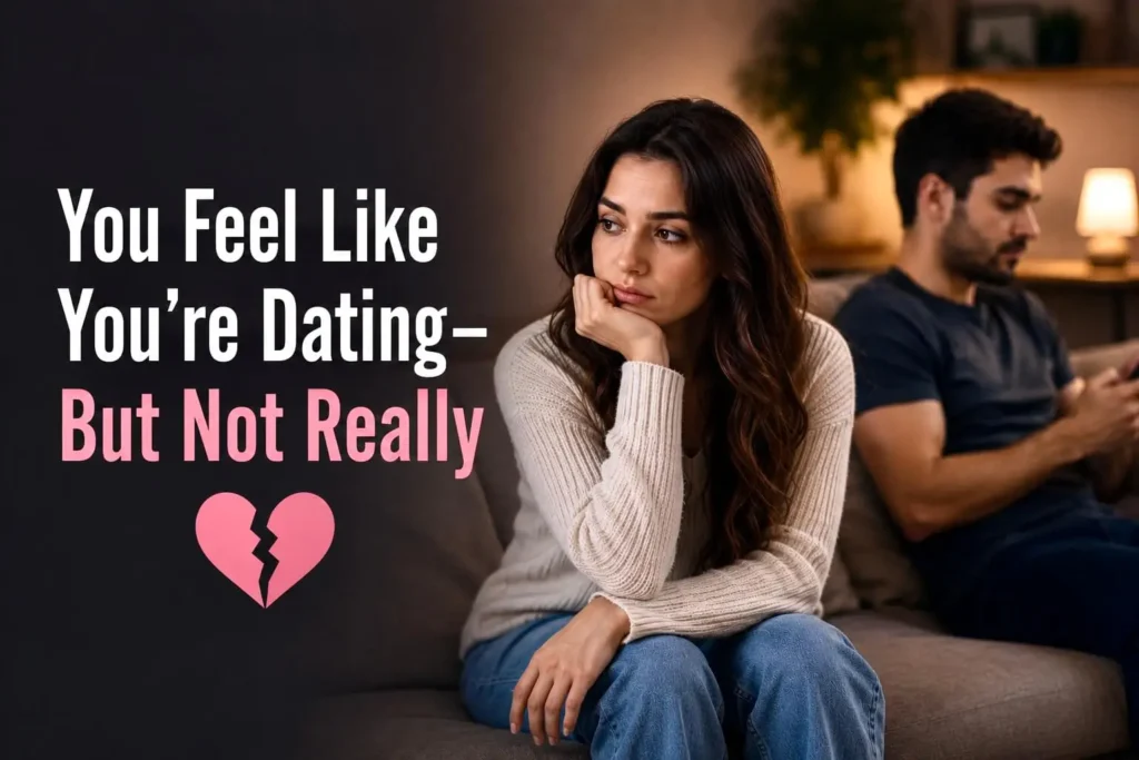 Woman feeling uncertain while her partner looks distracted, illustrating a relationship that lacks commitment.