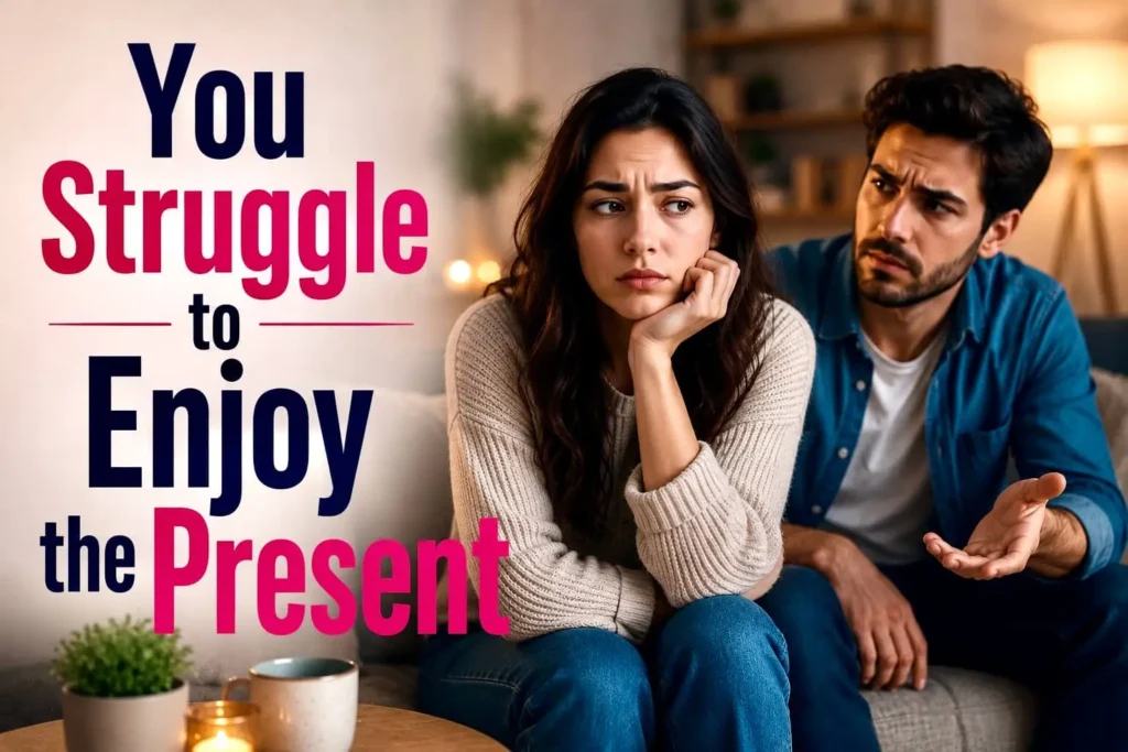 Couple struggling to enjoy the present moment because of relationship anxiety and overthinking.