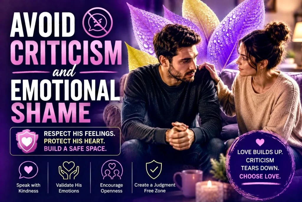 Supportive couple talking calmly with relationship advice about avoiding criticism and emotional shame to build trust.