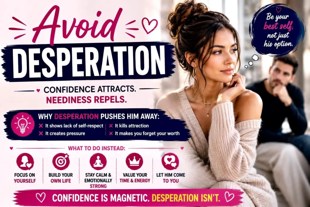 Avoid Desperation in dating by showing confidence, self-worth, and emotional independence to increase attraction.