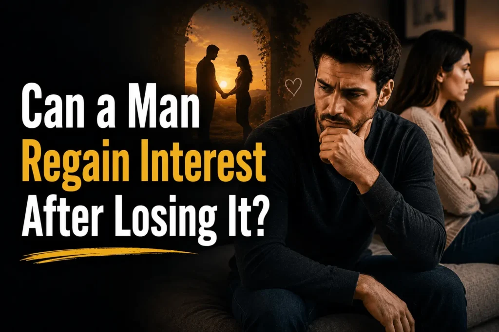 Thoughtful man reflecting on his relationship while a hopeful romantic scene suggests rebuilding attraction and emotional connection.