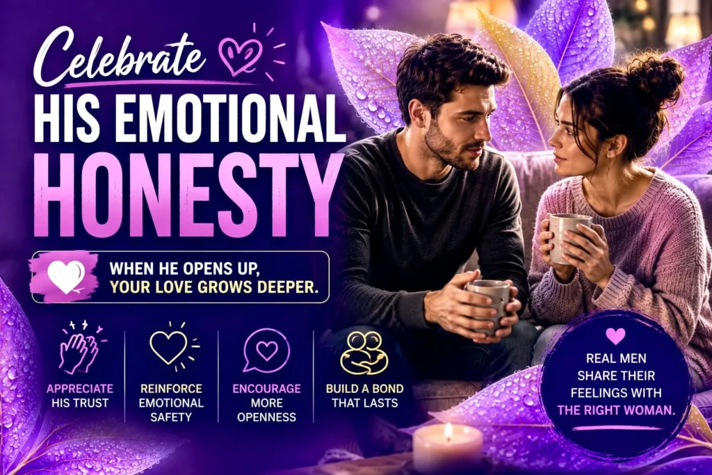 Couple sharing an honest emotional moment with advice to celebrate his emotional honesty and strengthen the relationship.