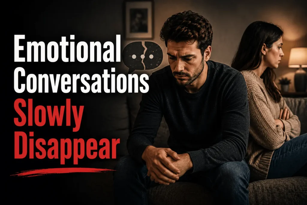 Couple avoiding eye contact as emotional conversations fade, highlighting communication breakdown in a long-term relationship.