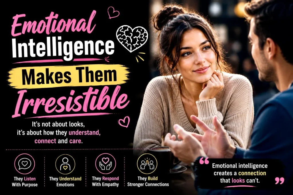 Emotionally intelligent woman building deeper attraction through empathy, communication, and relationship psychology.