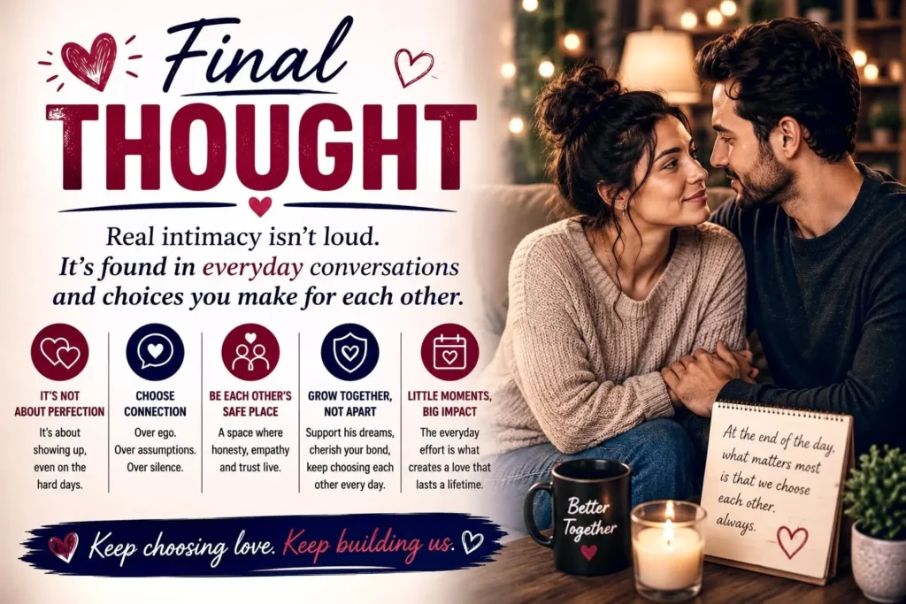 Happy couple embracing with a message about choosing love, trust, and emotional intimacy every day for a stronger relationship.