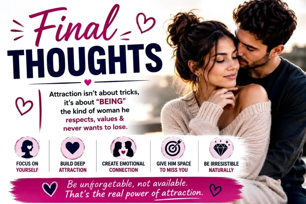 Final thoughts on how to make him miss you naturally using healthy psychology-based attraction and emotional connection strategies.
