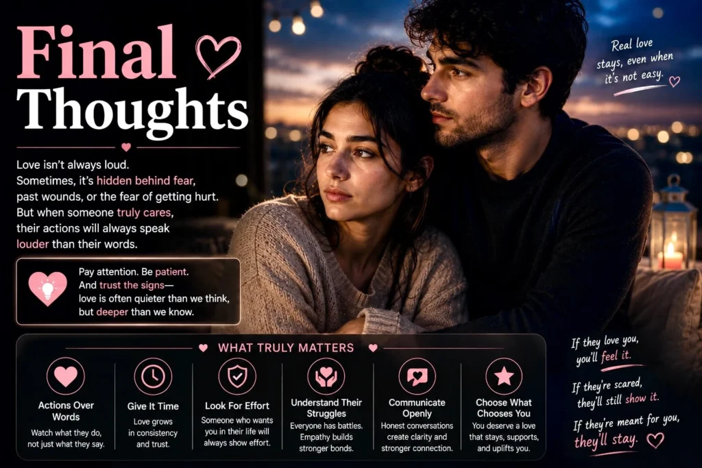 Romantic couple embracing with final relationship advice about recognizing true love through actions, trust, patience, and commitment.