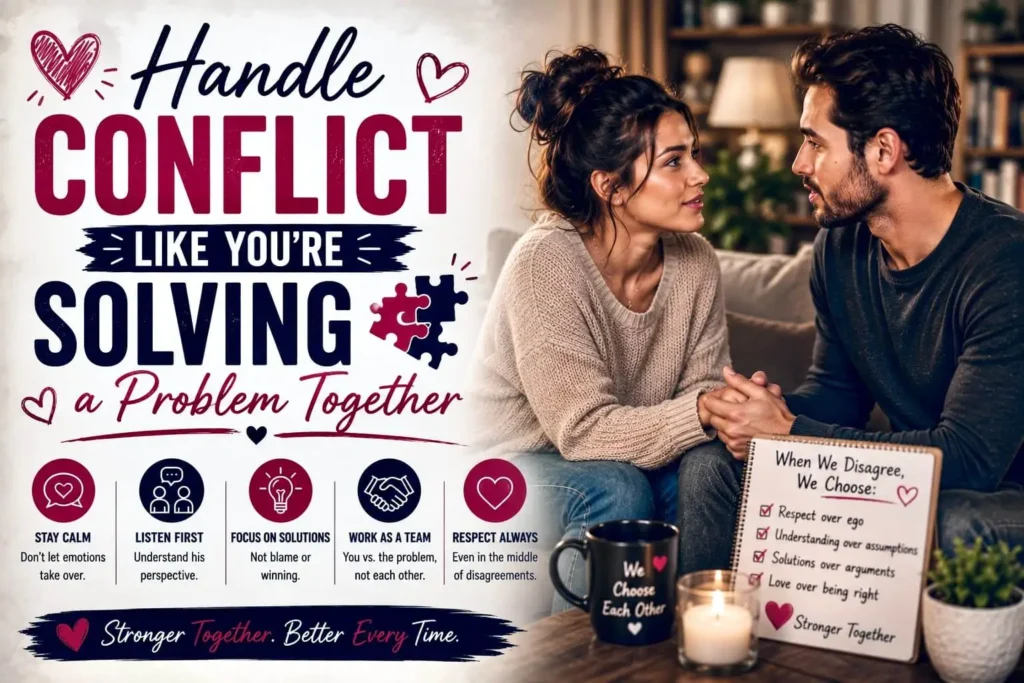 Couple calmly resolving relationship conflict together with empathy, teamwork, and healthy communication.