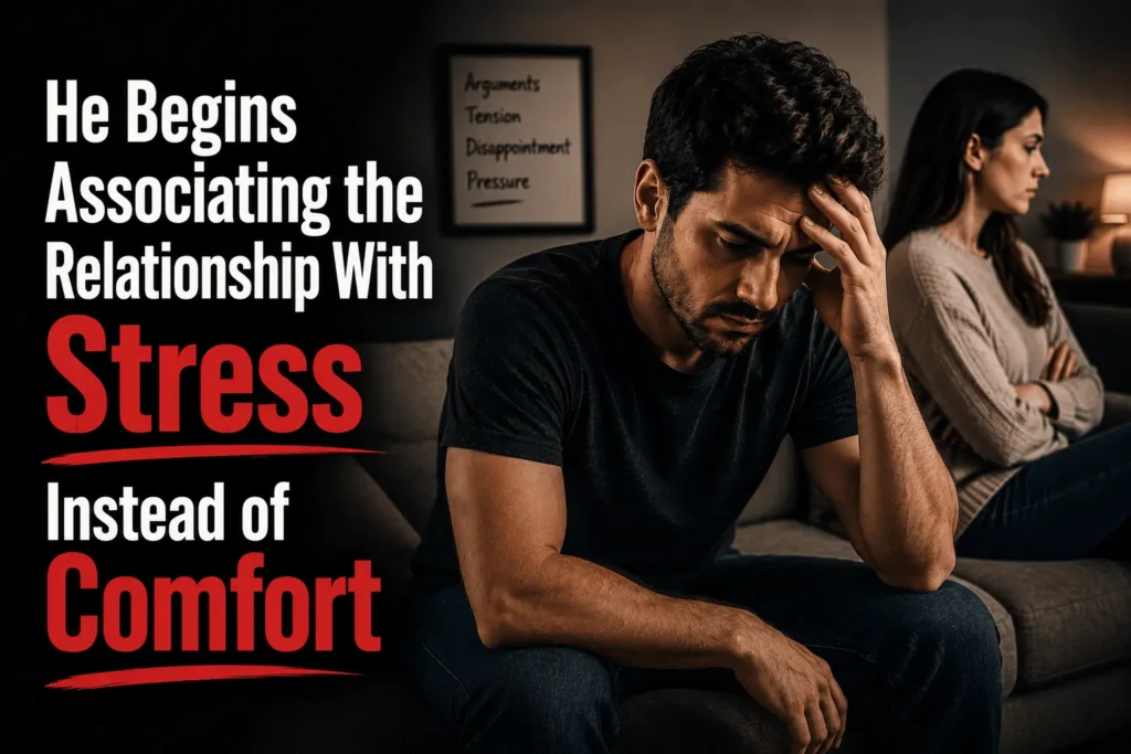 Worried man and emotionally distant partner showing how a relationship becomes a source of stress instead of comfort.