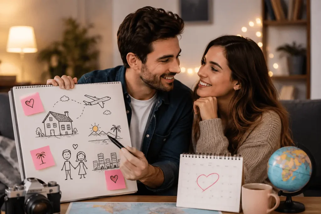 Smiling couple planning their future together with travel ideas, dreams, and life goals, showing long-term relationship commitment.
