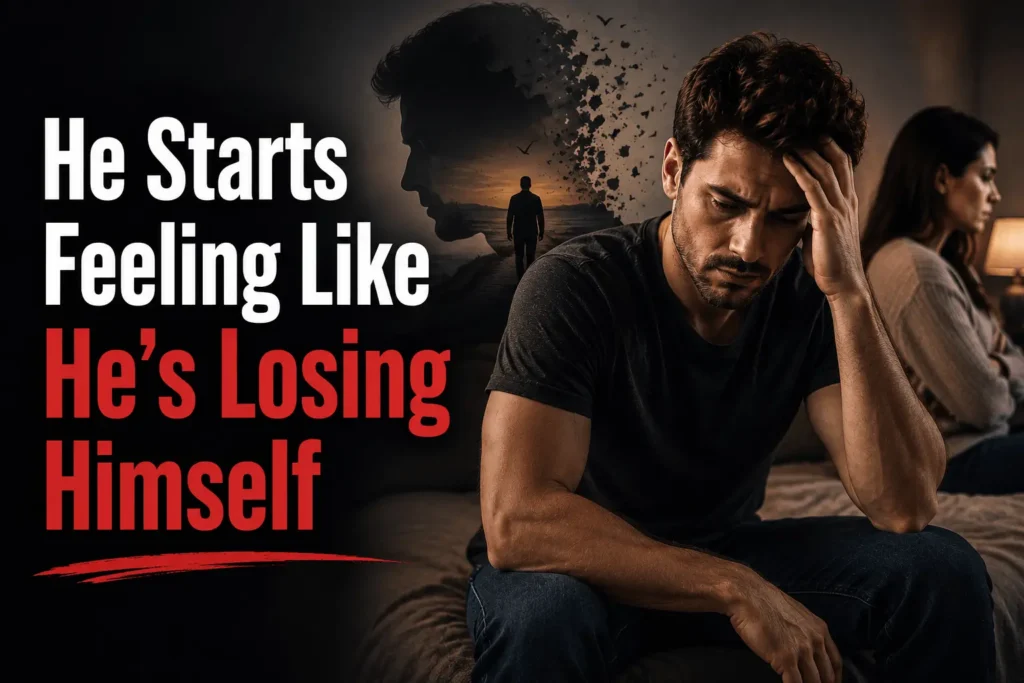 Thoughtful man feeling emotionally overwhelmed while his partner sits distant, representing loss of identity in a relationship.