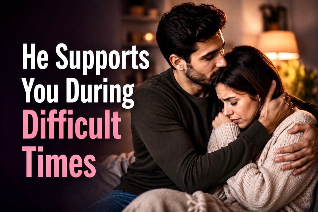 A caring man comforting his partner during a difficult time, showing emotional support and genuine commitment.
