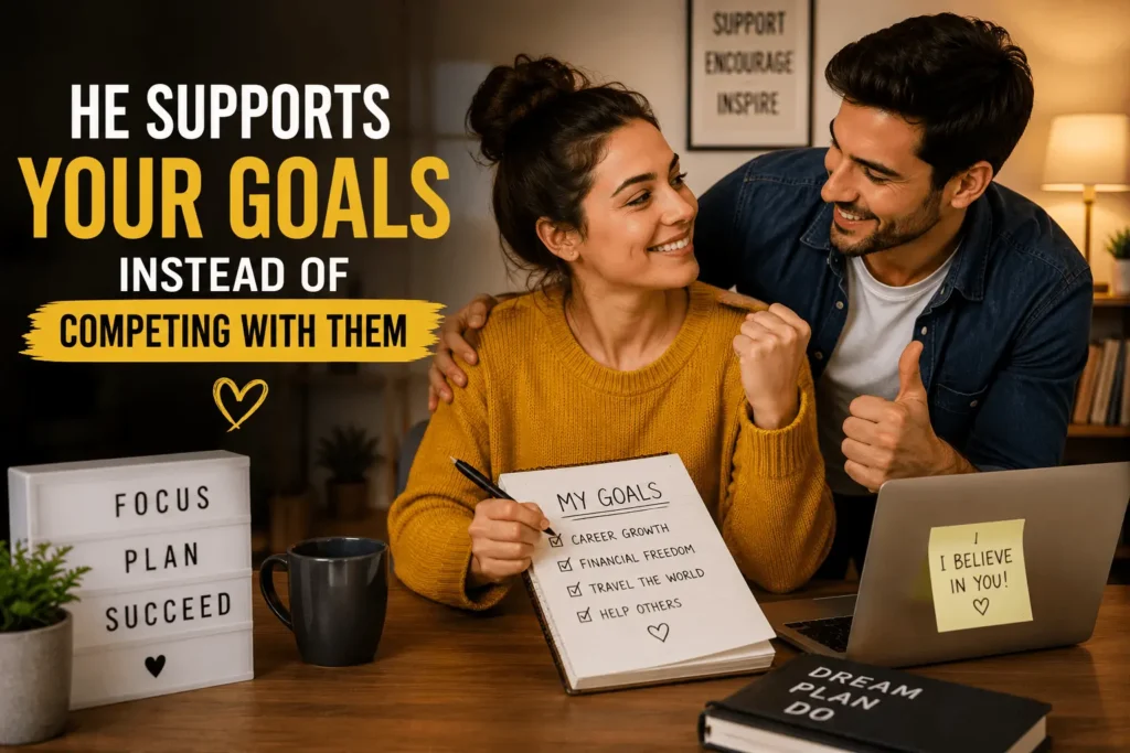 Supportive man encouraging his partner to achieve her personal and career goals, demonstrating respect and healthy relationship psychology.