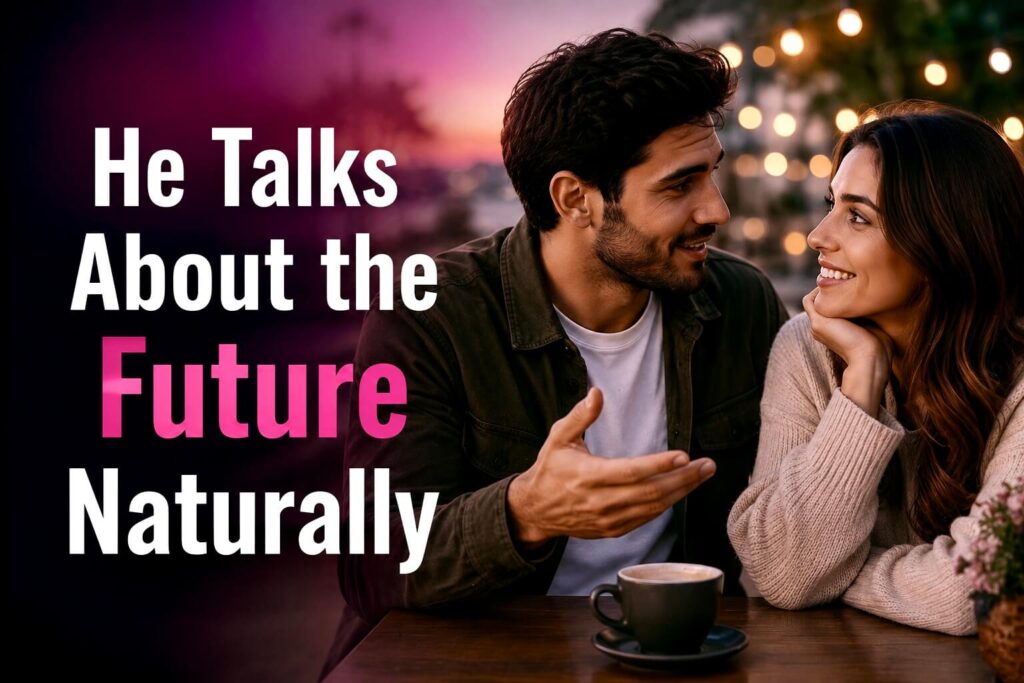 A man talking about future plans with his partner, showing one of the strongest signs he is serious about the relationship.