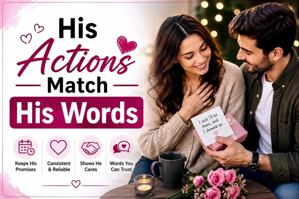 Couple demonstrating how his actions match his words, revealing genuine love, trust, and emotional commitment.
