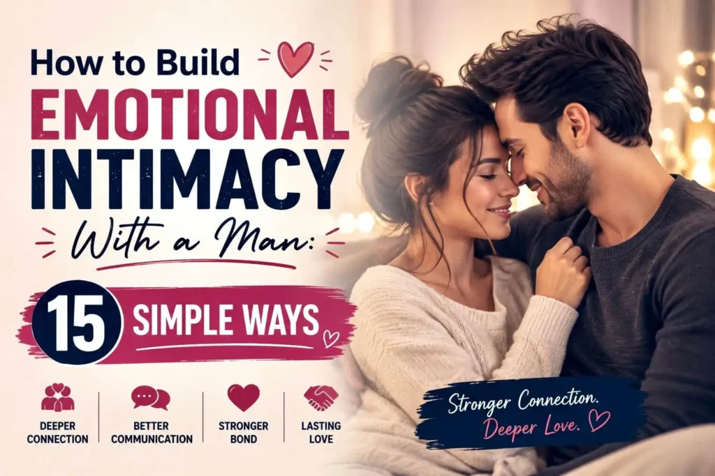 Couple sharing a warm embrace illustrating how to build emotional intimacy with a man through trust, communication, and deeper connection.