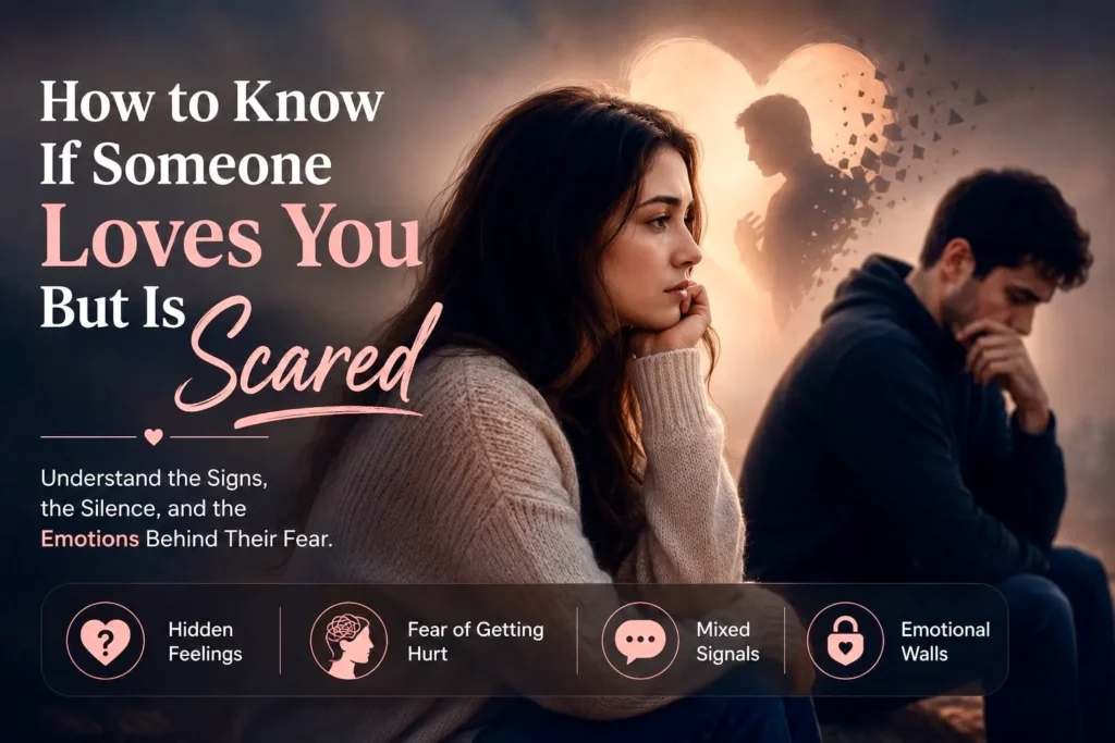Romantic couple illustrating signs someone loves you but is scared, showing hidden emotions, fear of commitment, and genuine affection.