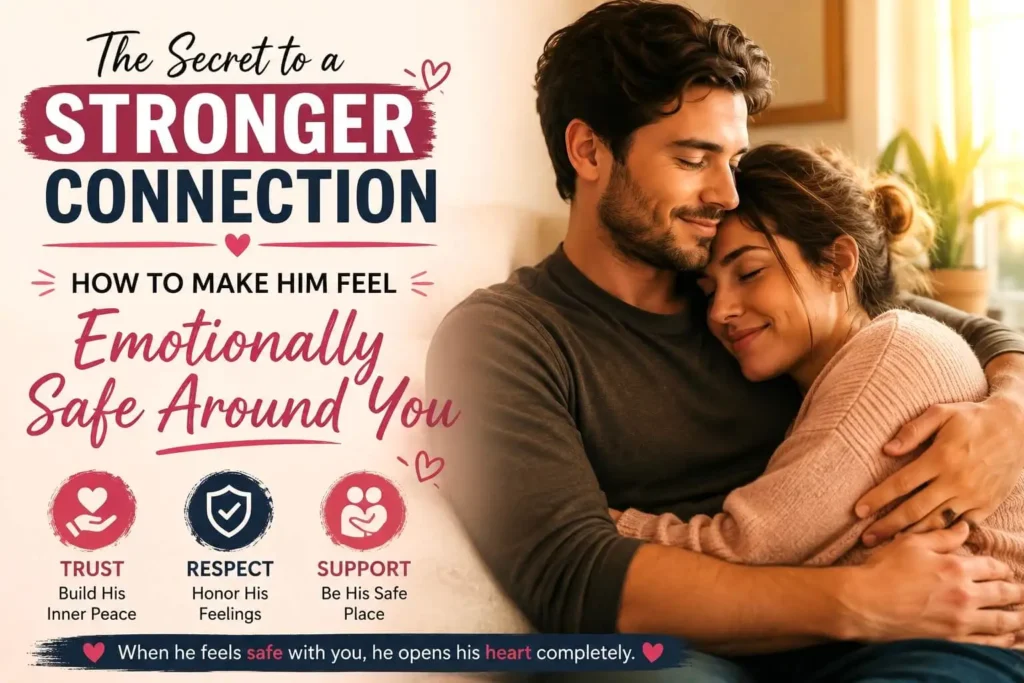 A loving couple hugging warmly, illustrating how to make a man feel emotionally safe, trusted, and deeply connected in a healthy relationship.