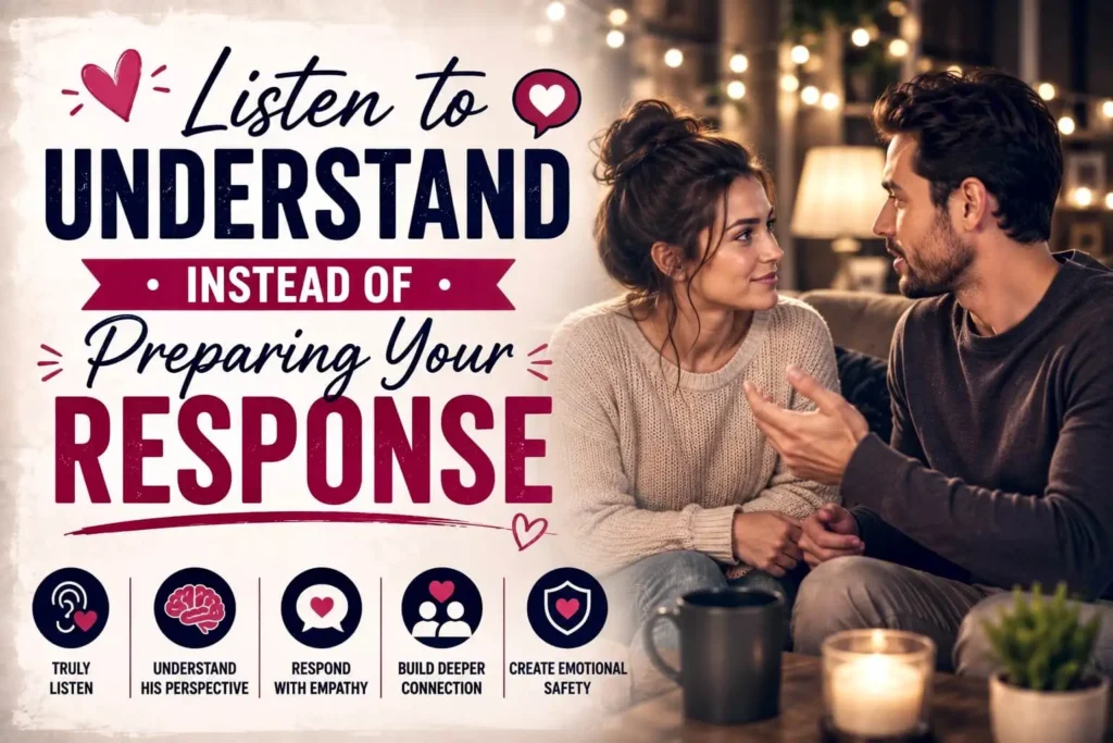 Couple having a heartfelt conversation while practicing active listening to build emotional intimacy and stronger communication.