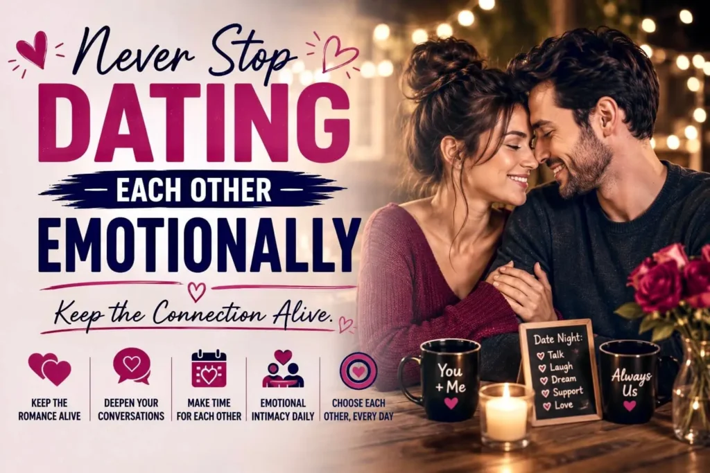 Romantic couple enjoying an intimate date night, emphasizing the importance of continuing emotional connection after commitment.