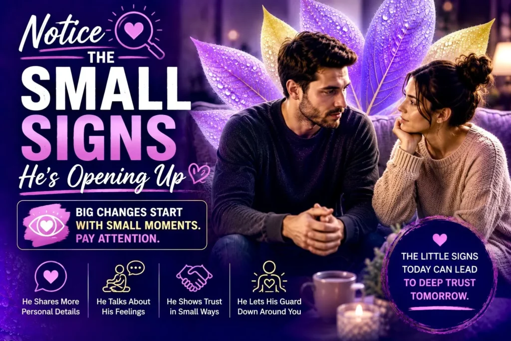 Couple connecting emotionally with tips to notice the small signs he is opening up and building deeper trust.