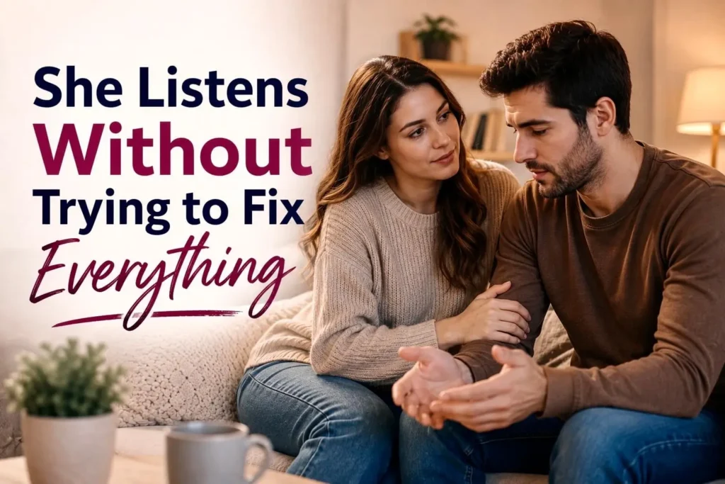 Woman listening attentively to her partner without interrupting or trying to fix his problems, showing emotional support and empathy.