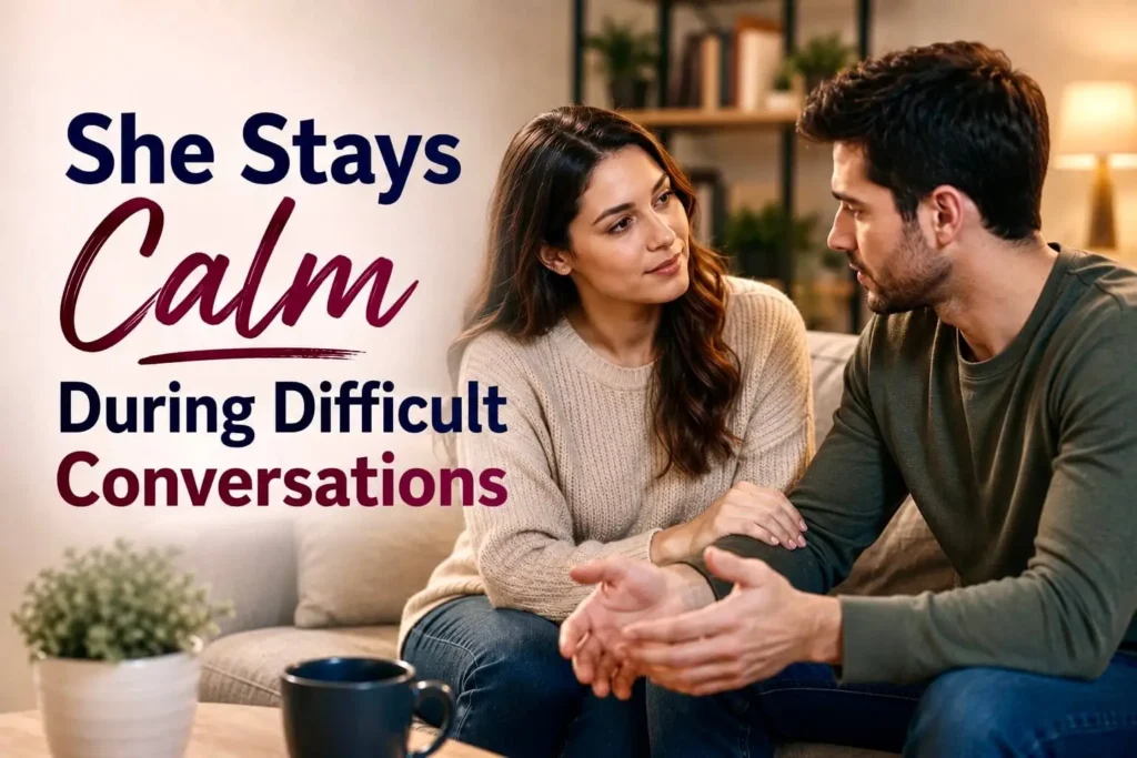 Calm woman having a respectful conversation with her partner during a difficult discussion, demonstrating emotional maturity and healthy communication.