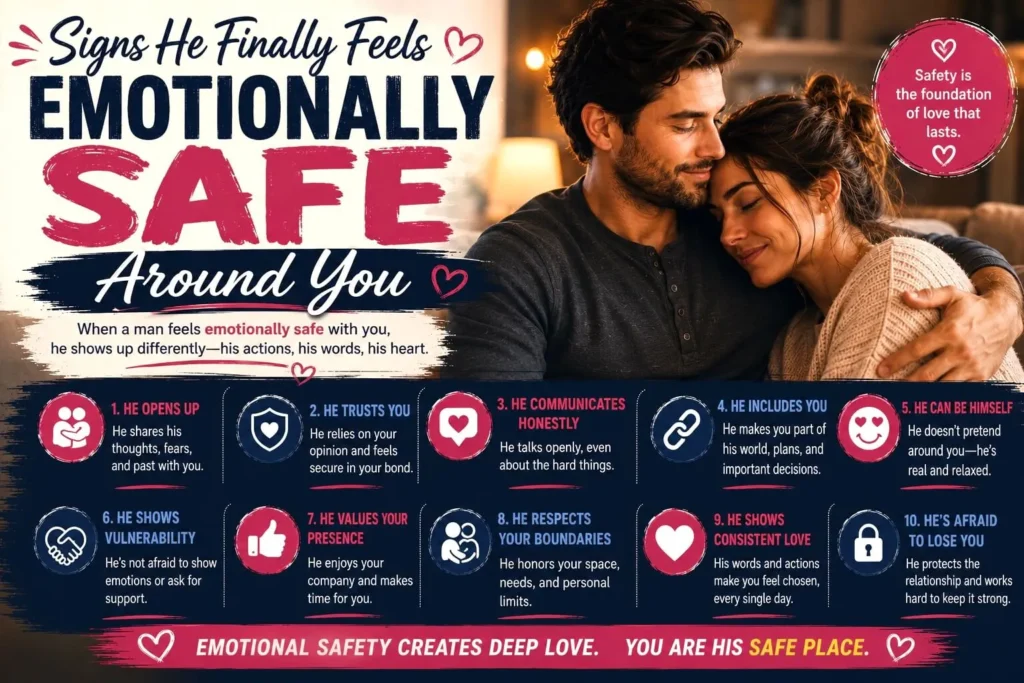 A happy couple showing trust, affection, and emotional security, illustrating the signs a man feels emotionally safe in a relationship.