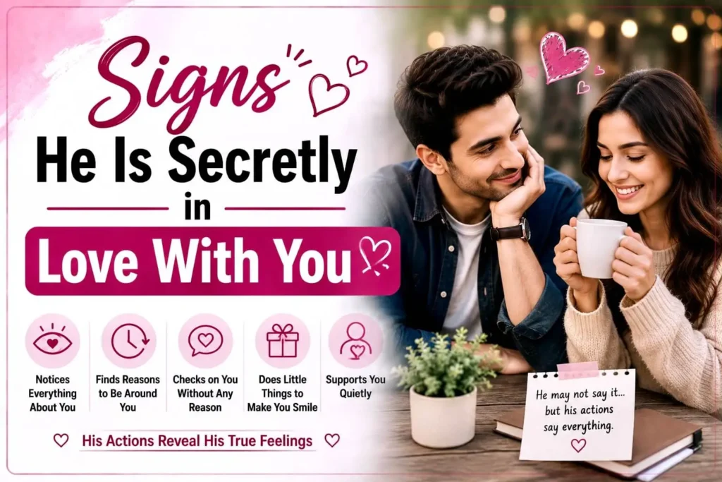 Romantic couple illustrating subtle signs he is secretly in love with you through thoughtful actions and quiet emotional care.