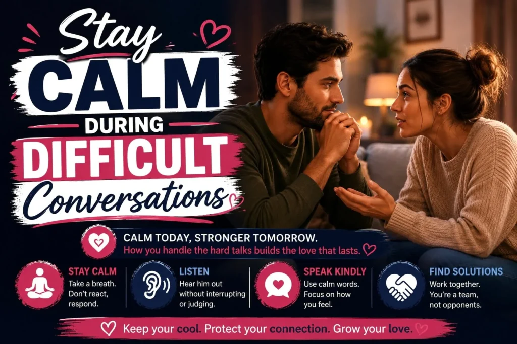 A couple having a calm and respectful conversation, showing healthy communication during difficult relationship discussions.