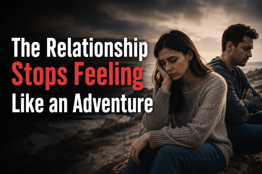 Sad couple sitting apart while a thoughtful man looks away, illustrating why men lose interest in relationships and emotional distance.