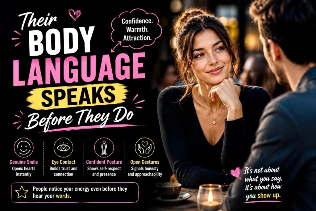 Confident female body language showing eye contact, posture, and nonverbal attraction psychology in relationships.