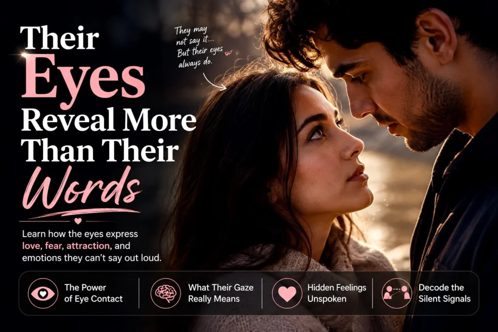 Couple making deep eye contact showing how eyes reveal hidden love, unspoken emotions, attraction, and true romantic feelings.