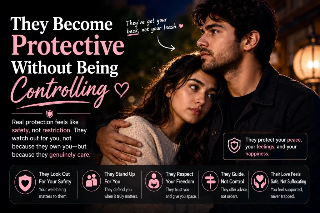 Protective partner showing care without being controlling, highlighting healthy relationship boundaries, trust, and emotional security.