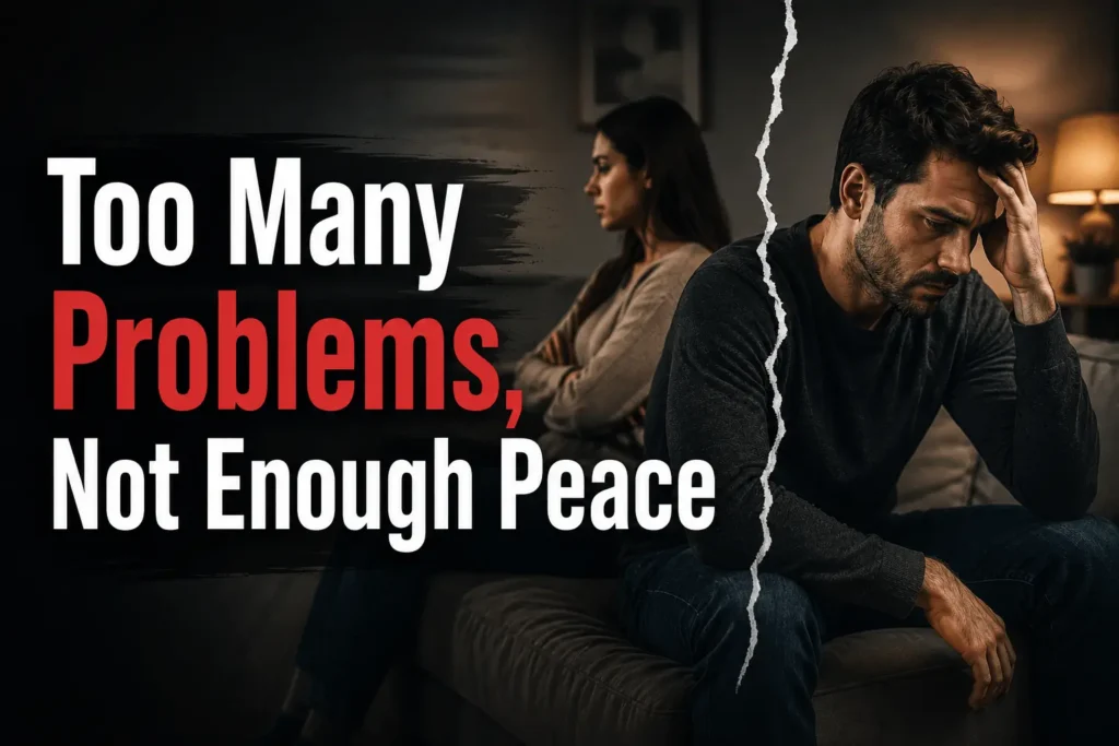 Stressed couple sitting separately on a couch, symbolizing constant relationship conflicts replacing peace and emotional comfort.