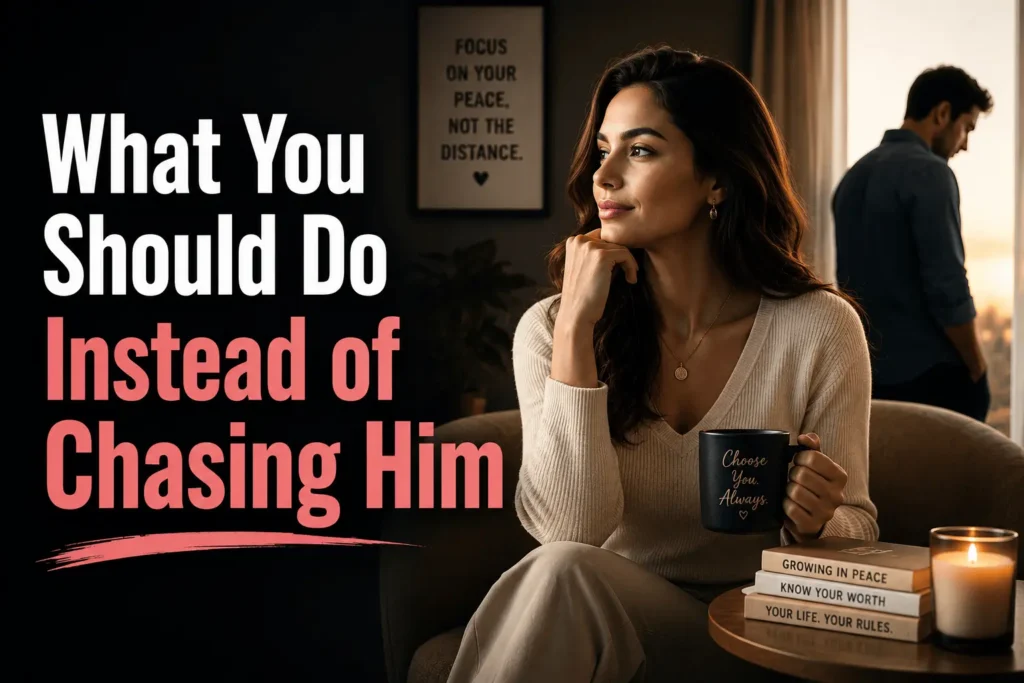 Confident woman focusing on herself while a distant man stands in the background, symbolizing self-worth instead of chasing love.