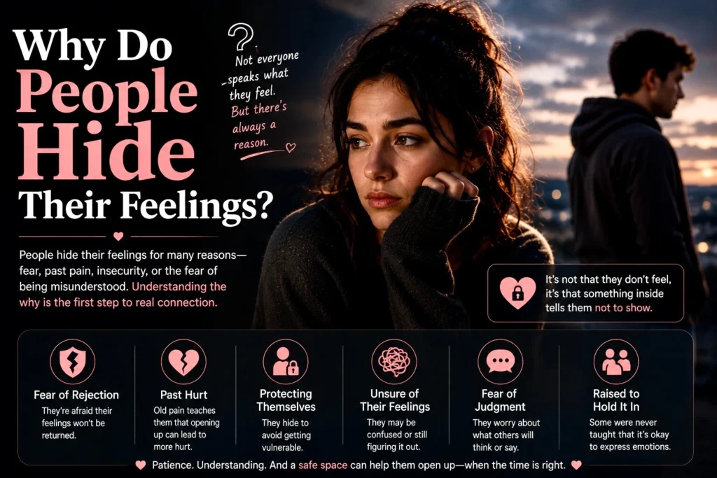 Thoughtful couple representing why people hide their feelings because of fear, insecurity, past pain, and emotional vulnerability.