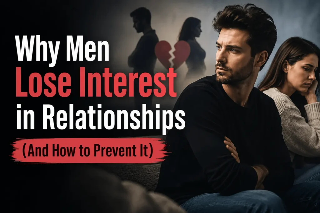 Sad couple sitting apart while a thoughtful man looks away, illustrating why men lose interest in relationships and emotional distance.