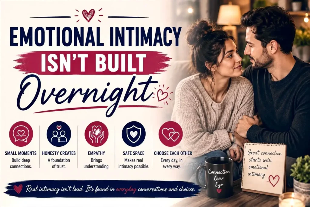 Loving couple sharing a meaningful moment, illustrating that emotional intimacy grows through trust, patience, and everyday actions.